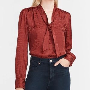 Express Satin Jacquard Tie Neck Top